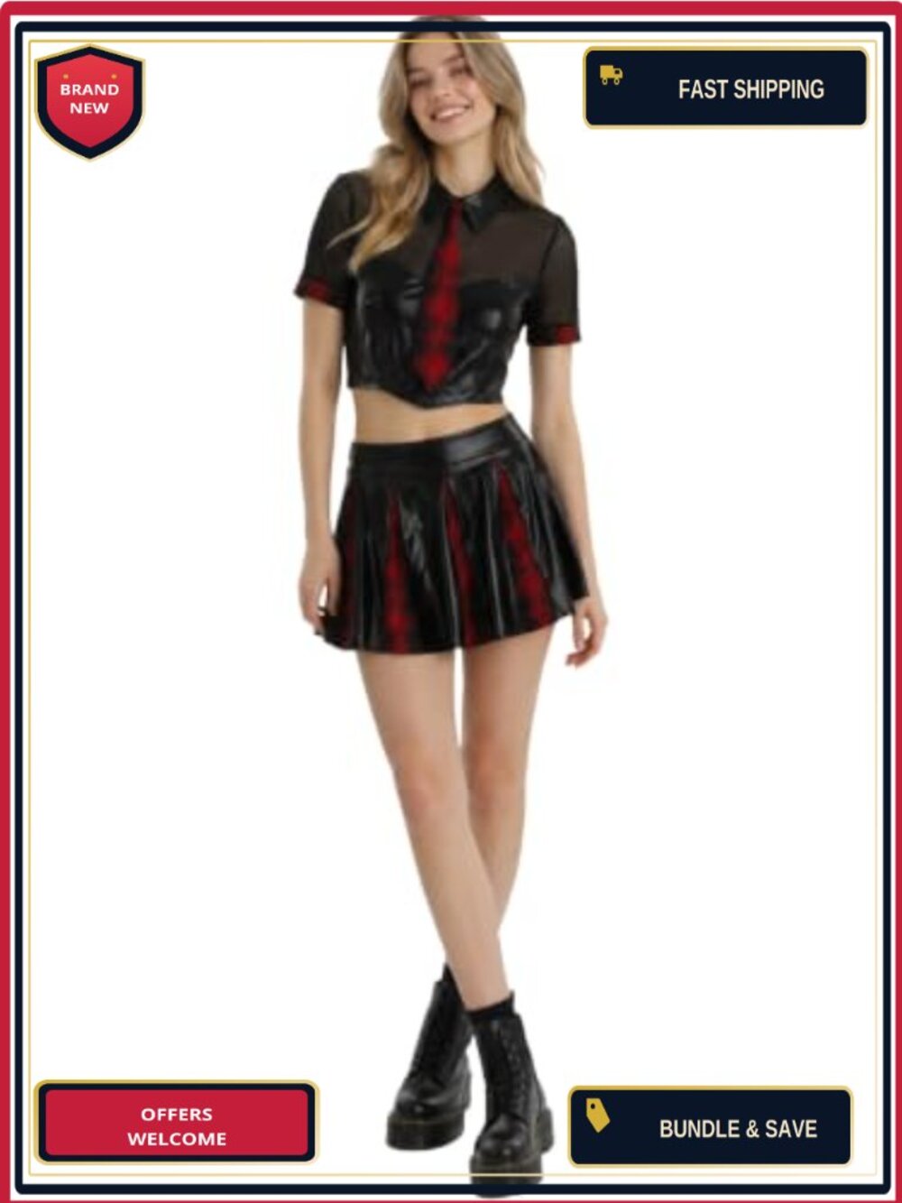 PU Leather Crop Top & Plaid Mini Skirt Schoolgirl Costume Set
